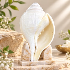 Può includere: Una grande conchiglia liscia di colore bianco perlaceo esposta in verticale. La conchiglia è sostenuta da una base rettangolare e da due supporti laterali triangolari, tutti realizzati in pietra lucida beige e bianca con visibili texture cristalline.