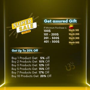 Puede incluir: Un gr&aacute;fico amarillo y negro con el texto "SUPER SALE SHOP NOW" y un gr&aacute;fico de una caja de regalo. El gr&aacute;fico tambi&eacute;n incluye una lista de descuentos para comprar varios productos. El texto "Get assured Gift" est&aacute; en la parte superior del gr&aacute;fico. El gr&aacute;fico tambi&eacute;n incluye una lista de valores de regalo para diferentes cantidades de compra. El texto "Get Up To 20% Off" est&aacute; en la parte inferior del gr&aacute;fico.