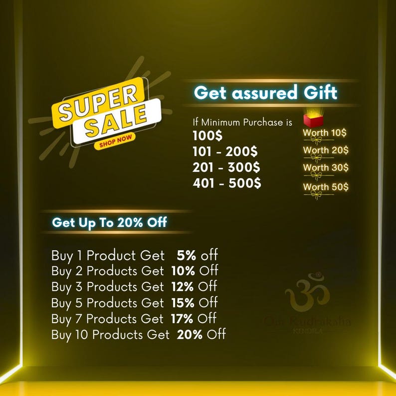 Puede incluir: Un gr&aacute;fico amarillo y negro con el texto "SUPER SALE SHOP NOW" y un gr&aacute;fico de una caja de regalo. El gr&aacute;fico tambi&eacute;n incluye una lista de descuentos para comprar varios productos. El texto "Get assured Gift" est&aacute; en la parte superior del gr&aacute;fico. El gr&aacute;fico tambi&eacute;n incluye una lista de valores de regalo para diferentes cantidades de compra. El texto "Get Up To 20% Off" est&aacute; en la parte inferior del gr&aacute;fico.