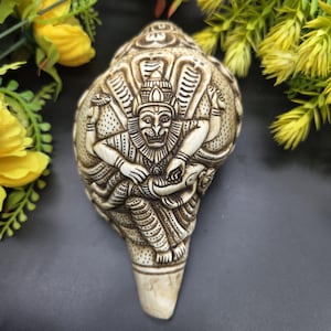 Può includere: Una conchiglia scolpita con un rilievo dettagliato di una divinità con più braccia e una corona. Il guscio è bianco sporco con intagli intricati, su uno sfondo scuro con fiori gialli e fogliame verde.