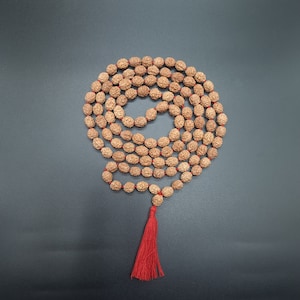 Può includere: Una collana di mala di perline marroni con un fiocco rosso. La collana è realizzata con perline naturali e ha circa 108 perline.