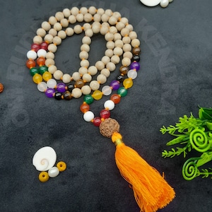 Original Tulsi Mala with Navratna stones and 5 Mukhi Rudraksha Guru bead round Hindu Chant Yoga Meditation, 8mm Tulsi Round 108 Beads