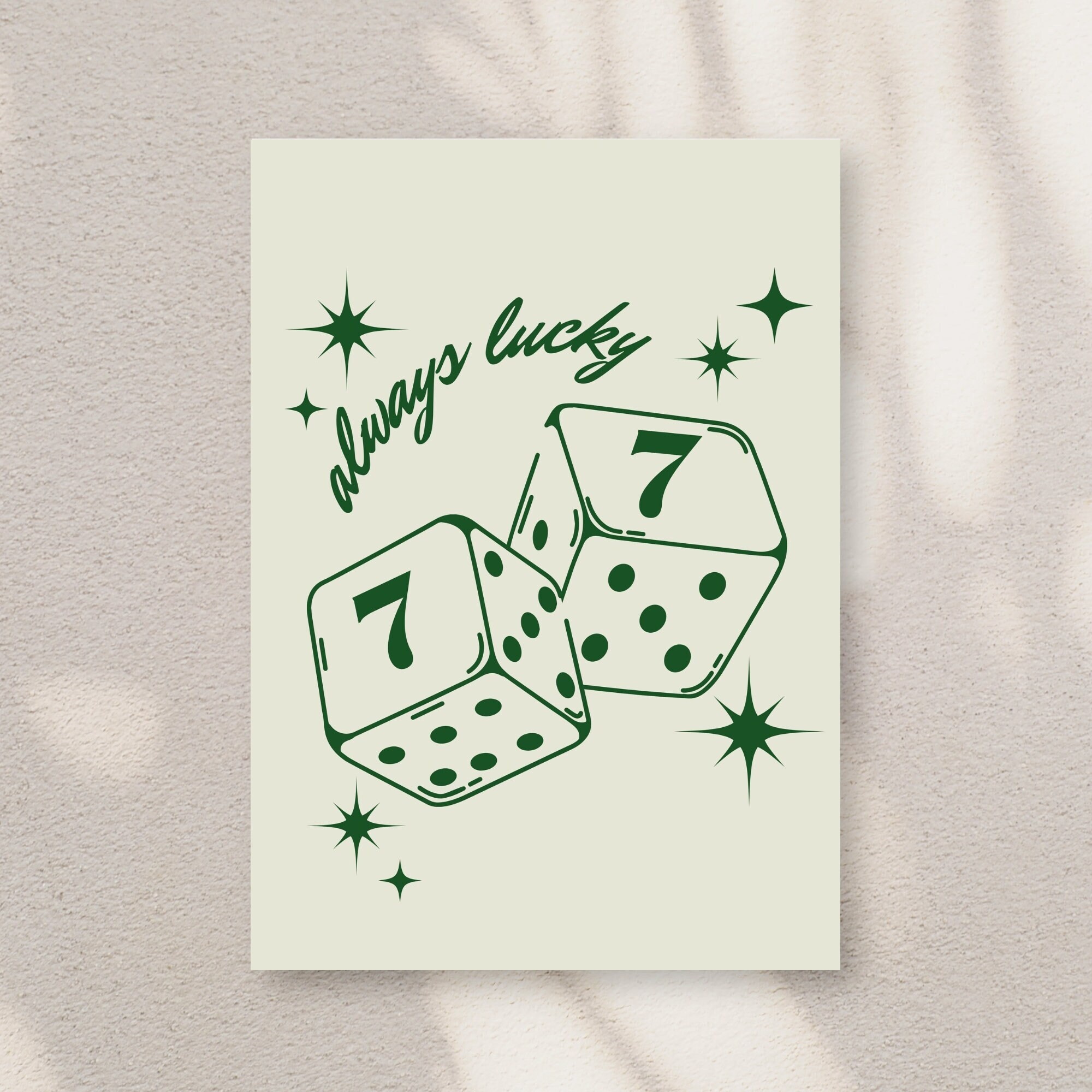 Always Lucky Seven Dice Green Poster, Retro Dice, Lucky Poster, Digital Download, Dorm Room