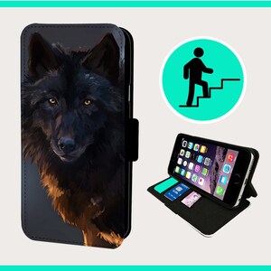 May include: Black wolf phone case with a stand feature. The case is made of leather and has a black wolf design on the front. The stand feature allows the phone to be propped up for hands-free viewing.