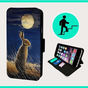 Funda con tapa de piel sintética vegana para iPhone/Samsung con diseño de conejo FULL MOON HARE