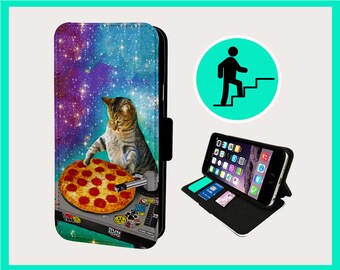 CRAZY CAT DJ Pizza Addict - Flip Handyhülle iPhone/Samsung Vegan Kunstleder