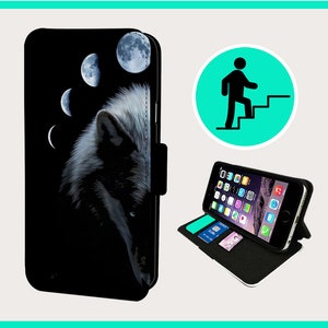 May include: Black phone case with a wolf and moon design. The case is made of leather and has a stand feature.
