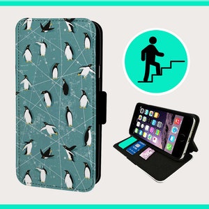 Custodia a libro con motivo a pinguini – Ecopelle vegana per iPhone/Samsung