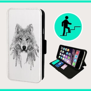 May include: A white phone case with a black wolf head and feathers design. The case is open to show the phone inside and a card holder.