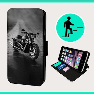 May include: Black and white photograph of a motorcycle on a road. The phone case is made of leather and has a flap that can be folded over to protect the screen. The case also has a stand that can be used to prop up the phone.