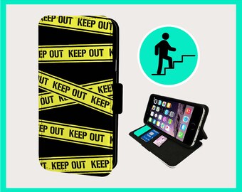 KEEP OUT WARNING - Flip phone case iPhone/Samsung Vegan Faux Leather
