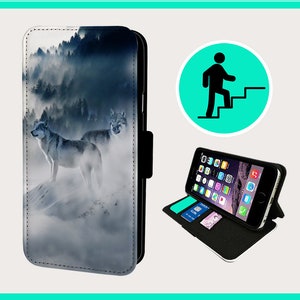 May include: A black leather phone case with a stand feature. The case has a design of two wolves in a snowy forest with fog.