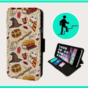 May include: A black leather phone case with a flap that folds over the screen. The case has a pattern of various Harry Potter themed images, including a broom, a book, a hat, a cup, and an owl. The case is designed to fit a smartphone.