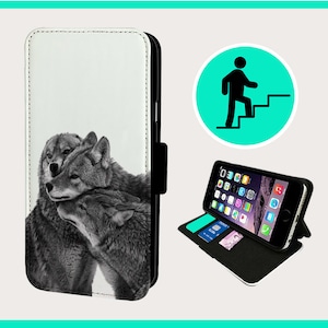 May include: A black and white photo of two wolves cuddling on a white background. The photo is printed on a black phone case with a flap that folds over the screen.