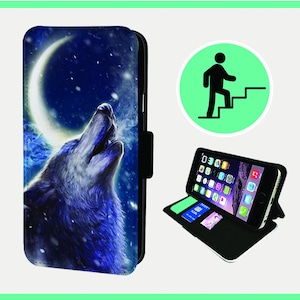 May include: A black phone case with a wolf howling at the moon. The wolf is blue and white and the moon is white. The background is a dark blue with white stars.