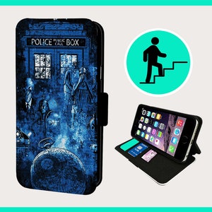 May include: A blue and black phone case with a graphic of a blue police box with the text "Police Public Call Box". The case is open to show the phone inside.