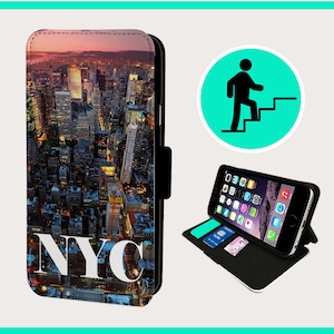 May include: A black leather phone case featuring a cityscape image and the text "NYC". The case has a stand feature and a slot for cards.