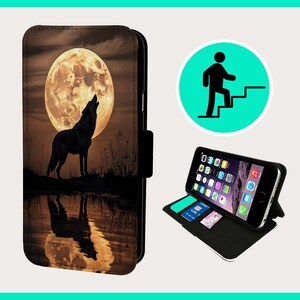 May include: A black phone case with a wolf howling at the moon. The moon is full and yellow. The wolf is silhouetted against the moon.