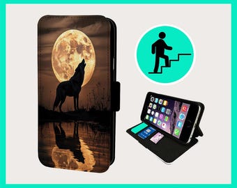 May include: A black phone case featuring a wolf howling at the full moon. The moon is yellow and the wolf is silhouetted against it.
