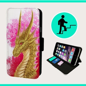 May include: A pink and white phone case featuring a gold dragon design. The dragon has red eyes and is set against a pink and white watercolour background.