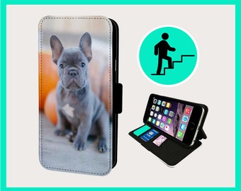 SILVER FRENCH BULLDOG - Étui à rabat pour iPhone/Samsung imitation cuir végétalien