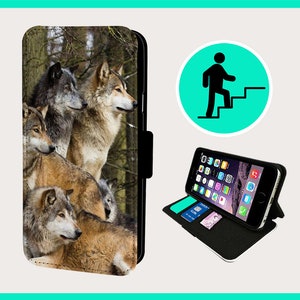 May include: A black leather phone case with a wolf pack design. The case has a stand feature and a slot for cards.
