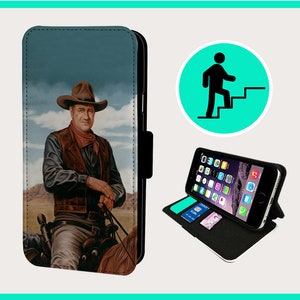 May include: A black leather phone case with a stand feature. The case has a printed image of a cowboy wearing a brown hat and a brown vest. The cowboy is riding a brown horse.