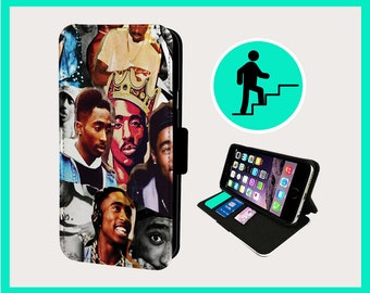 TUPAC RAPPER COLLAGE - Custodia flip per telefono iPhone/Samsung Vegan Ecopelle