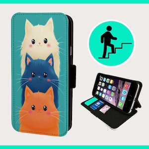CUTE CAT TRIO - Étui à rabat pour iPhone/Samsung imitation cuir végétalien