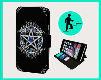 May include: A black leather phone case featuring a silver pentagram design with blue gemstones. The case has a stand function and a slot for cards.