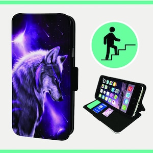 May include: A purple and black phone case with a wolf howling at the moon in a galaxy design.