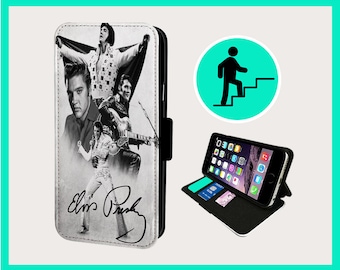 May include: Black and white photo collage of Elvis Presley on a white leather phone case. The case has a stand feature and a slot for cards. The signature "Elvis Presley" is at the bottom of the case.