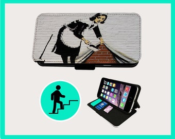 BANKSY CLEANER GRAFFITI - Custodia flip per telefono iPhone/Samsung Vegan Ecopelle