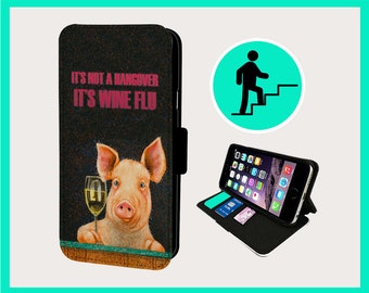 PIG HANGOVER WINE Joke – Flip-Handyhülle iPhone/Samsung aus veganem Kunstleder