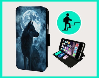 May include: A black phone case featuring a wolf howling at the moon against a dark blue and grey sky. The case has a built-in stand for watching videos.