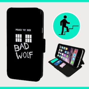 May include: Black phone case with a white graphic of the TARDIS, the iconic time machine from the Doctor Who television series. The graphic includes the text "Police Public Box" and "Bad Wolf".