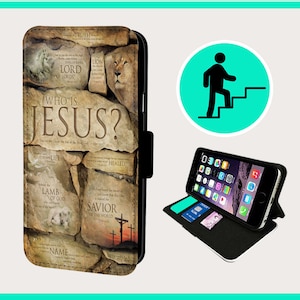 May include: A brown leather phone case with a stone-like design featuring the words "Who is Jesus?" and various biblical quotes. The case has a flap that folds over the phone screen.