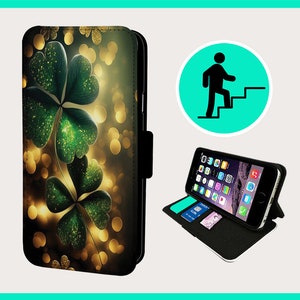 TRÉBOL IRLANDÉS MÁGICO - Funda plegable para iPhone/Samsung de piel sintética vegana