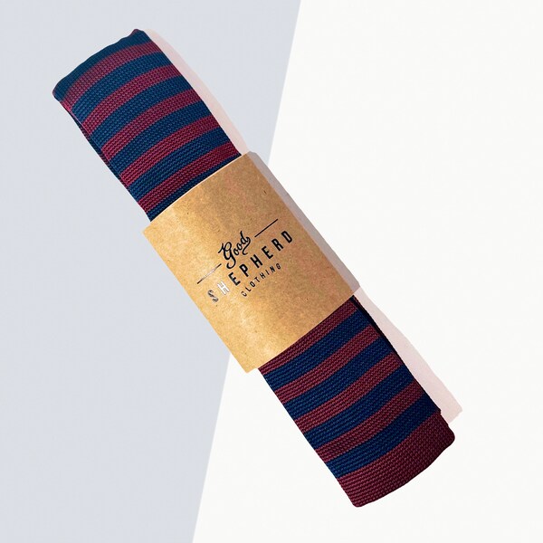 Hand Made Luxurious Slim Navy Blue & Burgundy Knit Formal Neck Tie | Good Shepherd Inc © | - A Tie Above The Rest.™ -