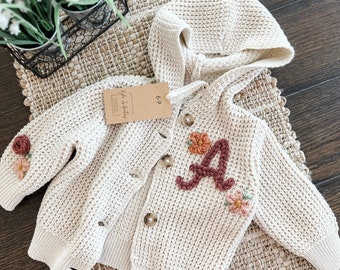Initial Sweater with flowers Baby Floral handstitched button up sweater baby shower gift