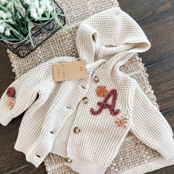 Initial Sweater with flowers Baby Floral handstitched button up sweater baby shower gift