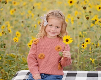 Sunflower sweater yellow flowers embroidered childrens sweater pink