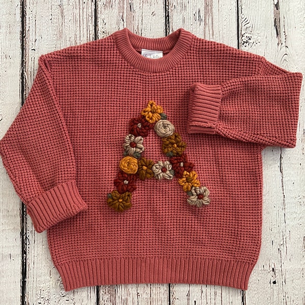 Rose Flower Initial Sweater Personalized letter Sweater, hand stitched flower sweater, keepsake sweater