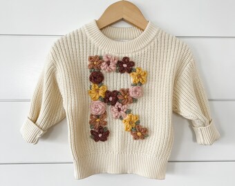 Flower Initial Sweater Personalized letter Sweater hand stitched flower sweater keepsake sweater