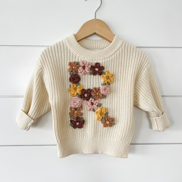 Flower Initial Sweater Personalized letter Sweater hand stitched flower sweater keepsake sweater