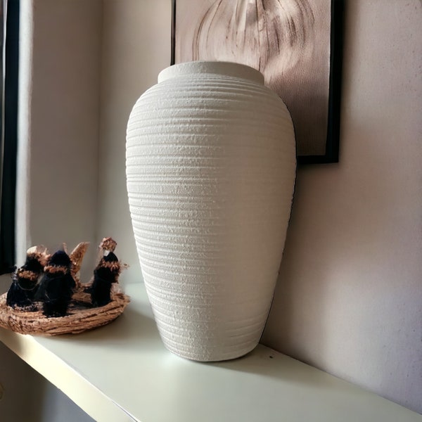 White, tall medium vase, handmade vase, ceramic vase, White texture stripe pattern