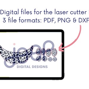 May include: Digital design files for a laser cutter in PDF, PNG, and DXF formats. The design features a leopard print pattern in black and white with a blue outline. The text "DIGITAL DESIGNS" is also included.