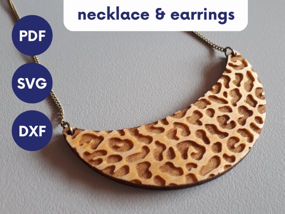 Leopard necklace and earring set, glowforge file, jewelry svg cut file, laser cut earrings svg file, laser cut necklace svg, laser earring