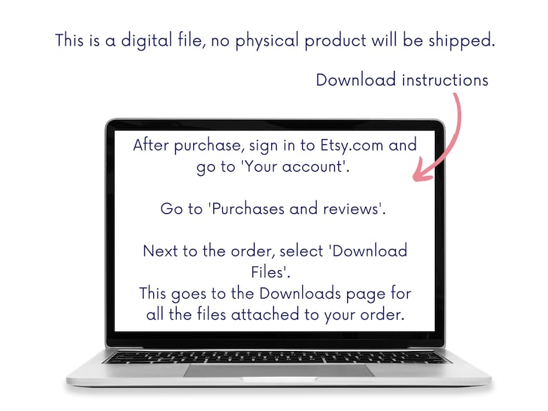 Op de afbeelding: Een zilveren laptop met instructies voor het downloaden van een digitaal bestand van Etsy. De tekst luidt: 'Dit is een digitaal bestand, er wordt geen fysiek product verzonden. Downloadinstructies.' Verdere instructies worden op het scherm gegeven.