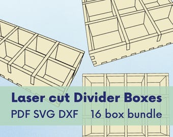 Könnte beinhalten: Ein Satz von 16 Laserschnitt-Trennboxen. Die Boxen sind aus Holz und haben eine hellbraune Farbe. Die Boxen sind so konzipiert, dass sie als Organizer für kleine Gegenstände verwendet werden können. Die Boxen sind in verschiedenen Konfigurationen dargestellt, wobei einige Boxen übereinander gestapelt sind. Der Text "Laser cut Divider Boxes" und "PDF SVG DXF 16 box bundle" wird auf einem grünen Hintergrund angezeigt.